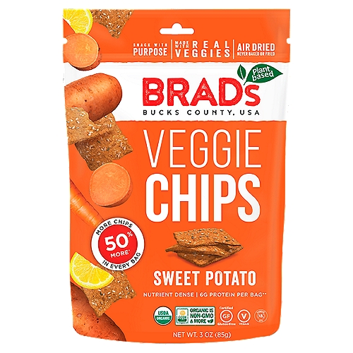 Brad's Plant Based Sweet Potato Veggie Chips, 3 oz
50% More⁺ Chips in Every Bag
⁺Brad's 3oz Veggie Chips contain 50% more chips by weight than our 2oz bag

6g Protein per Bag⁺⁺
⁺⁺One bag equals 3oz

Made with Real Veggies!
A lot for a little. No need to buy and prepare mounds of organic veggies when they are already in this bag!
Yam - Potassium
Flax Seed - Omega-3s
Carrot - Beta-carotene
Buckwheat - Protein

Air Dried. Better than Baked or Fried.
People know that baked is better than fried. Did you know air-dried is better than both? Our low heat air-dried process allows water to evaporate while keeping in the phytonutrients, enzymes, and antioxidants without adding any oil.