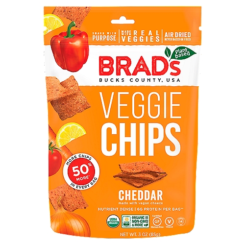 Brad's Plant Based Cheddar Veggie Chips, 3 oz
50% More⁺ Chips in Every Bag
⁺Brad's 3oz Veggie Chips contain 50% more chips by weight than our 2oz bag

6g Protein per Bag⁺⁺
⁺⁺One bag equals 3oz

Made with Real Veggies!
A lot for a little. No need to buy and prepare mounds of organic veggies when they are already in this bag!
Red bell pepper - Vitamin C
Flax seed - Omega-3s
Carrot - Beta-carotene
Buckwheat - Protein

Air Dried. Better than Baked or Fried.
People know that baked is better than fried. Did you know air-dried is better than both? Our low heat air-dried process allows water to evaporate while keeping in the phytonutrients, enzymes, and antioxidants without adding any oil.
