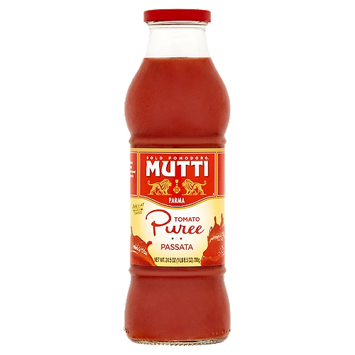 Mutti Tomato Puree, 24.5 oz
Mutti Puree (Passata) is sun-ripened 100% Italian tomatoes transformed into sweet velvety puree with just a touch of Mediterranean sea salt. After eliminating the skin and seeds, the tomatoes are pureed to achieve a smooth, luxurious texture while maintaining their bright red color and naturally sweet flavor. Fantastic in marinara sauce, tomato soup, or even a Bloody Mary.