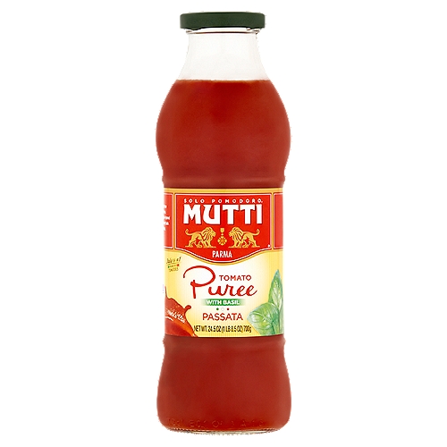 Mutti Passata Tomato Puree with Basil, 24.5 oz
Mutti Puree (Passata) is simply sun-ripened 100% Italian tomatoes transformed into sweet velvety puree with a touch of Mediterranean sea salt and a fresh basil leaf. Enjoy in your marinara sauce, tomato basil soup, or even in a Basil Bloody Mary.