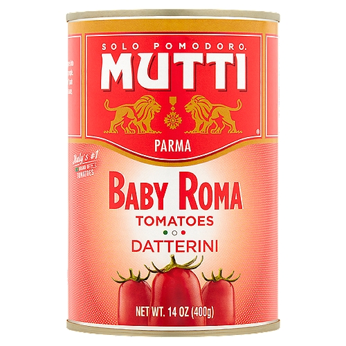 Mutti Baby Roma Tomatoes, 14 oz
Mutti Baby Roma Tomatoes (Datterini) are small, oval shaped tomatoes with a wonderful fleshy texture and a delicious sweet flavor. They are carefully harvested and quickly processed to preserve their freshly picked taste. Their thin skin makes them ideal for quick sauces or for topping shellfish and seafood.