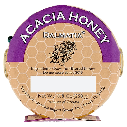 DALMATIA Acacia Honey, 8.8 oz
Acacia Honey has a delicate, sweet, floral flavor and a vanilla-like aroma. It is light in color, bright and almost transparent. Acacia honey is made from the nectar of beautiful tree blossoms which bloom only 10 — 15 days during the year.