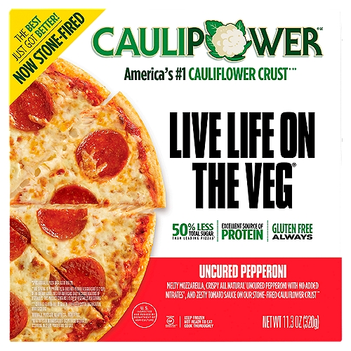 CAULIPOWER Uncured Pepperoni Stone-fired Cauliflower Crust Pizza, 11.3 oz
CAULIPOWER® uses the power of veggies to make healthier, easier versions of the food you crave, that actually TASTE like the food you crave. The BEST just got BETTER: America's #1 cauliflower crust pizza is NOW STONE-FIRED and crispier than ever! Our Uncured Pepperoni Pizza is a tasty twist on a classic pepperoni pie. Our delicious crust that's made with real cauliflower pairs perfectly with zesty tomato sauce, melty mozzarella, and all-natural* uncured pepperoni, creating a pizza so good, it might just put a little PEP in your step. It's tasty, crispy, “WHOA! THIS IS MADE WITH CAULIFLOWER CRUST?!” pizza. (*Minimally processed. No artificial ingredients.)