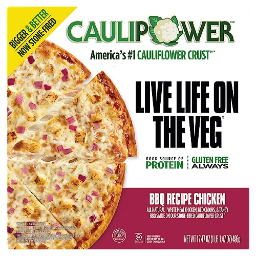 CAULIPOWER BBQ Recipe Chicken Pizza, 17.47 oz
America's #1 Cauliflower Crust††*
*Spins Annual FZ Pizza Data (as of 8|9|20)

Live Life on the Veg®

All Natural† White Meat Chicken, Red Onions, & Tangy BBQ Sauce on Our Stone-Fired Cauliflower Crust††

†Minimally Processed, No Artificial Ingredients
††One Serving of BBQ Recipe Chicken Pizza Does Not Provide a Significant (1/2 Cup) of the Dietary Guidelines for Americans Daily Recommendations of Vegetables. This Product Contains 1/4 Cup of Vegetables per Serving.

Tasty, Crispy,“Whoa! This is Made with Cauliflower Crust''?!'' Pizza

“My 2 and 4 year old kids keep snatching this out of my hands. Deliciousness!''
Erin w.

''Same crunch as a regular thin crust pizza, but it's gluten-free. By Far the best cauliflower pizza crust†† on the market!''
Adam y.

''Caulipower® Pizza makes me Weep the Happy Tears.''
Valerie I.

''This crust is The Best! l've tried other brands and they tasted like cardboard. Thank you Caulipower®''

“So Delicious, I could eat one every day. Seriously.''
Stephanie h.

''Keeping us all happy about what is for dinner is my constant battle. Until now! Thank You For my Happy and Full Family!''
Heather o.

††One Serving of BBQ Recipe Chicken Pizza Does Not Provide a Significant (1/2 Cup) of the Dietary Guidelines for Americans Daily Recommendations of Vegetables. This Product Contains 1/4 Cup of Vegetables per Serving.