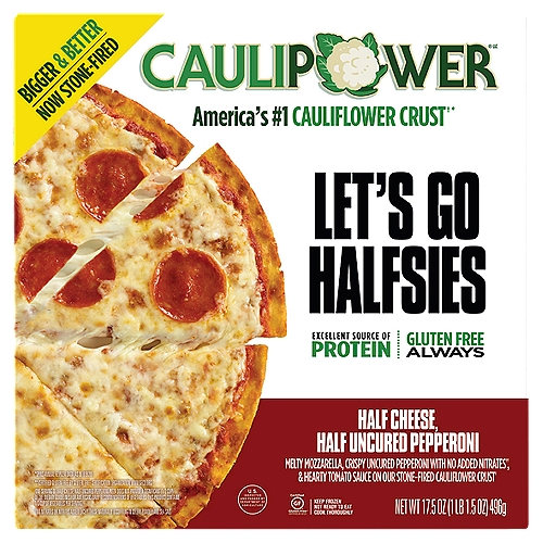 CAULIPOWER Half Cheese, Half Uncured Pepperoni Stone-fired Cauliflower Crust Pizza, 17.5 oz
America's #1 Cauliflower Crust†*
*Spins Annual FZ Pizza Data (as of 8|9|20)

Let's Go Halfsies

Melty Mozzarella, Crispy Uncured Pepperoni with No Added Nitrates††, & Hearty Tomato Sauce on Our Stone-Fired Cauliflower Crust†
†One Serving of Half Cheese Half Uncured Pepperoni Pizza Does Not Provide a Significant (1/2 Cup) of The Dietary Guidelines for Americans Daily Recommendations of Vegetables. This Product Contains 1/3 Cup of Vegetables per Serving.
††No Nitrates or Nitrites Added Except Those Naturally Occurring in Celery Powder and Sea Salt.

Tasty, Crispy,“Whoa! This is Made with Cauliflower Crust''?!'' Pizza