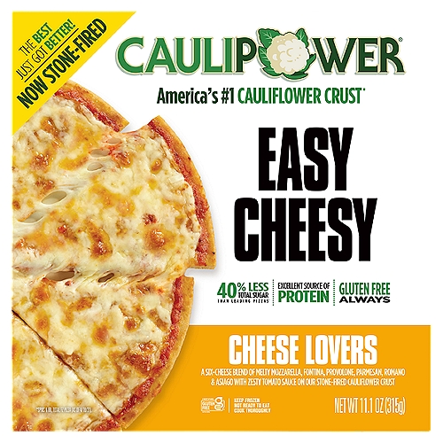 CAULIPOWER Easy Cheesy Cheese Lovers Pizza, 11.1 oz
A Six-Cheese Blend of Melty Mozzarella, Fontina, Provolone, Parmesan, Romano & Asiago with Zesty Tomato Sauce on Our Stone-Fired Cauliflower Crust

America's #1 Cauliflower Crust*
*Spins & Iri Total Fz Pizza (as of 4/18/21).

40% Less Total Sugar than Leading Pizzas

Tasty, Crispy, ''Whoa! This is Made with Cauliflower Crust?!'' Pizza