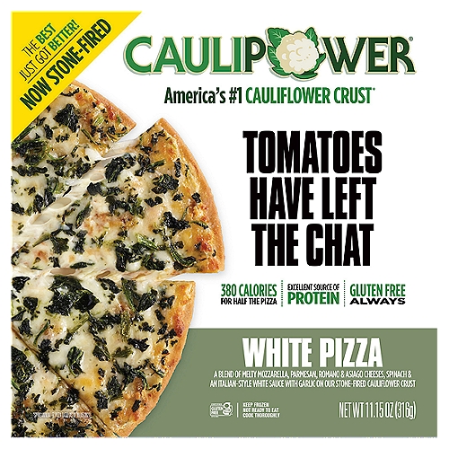 CAULIPOWER White Cauliflower Crust Pizza, 11.15 oz
A Blend of Melty Mozzarella, Parmesan, Romano & Asiago Cheeses, Spinach & an Italian-Style White Sauce with Garlic on Our Stone-Fried Cauliflower Crust

America's #1 Cauliflower Crust*
*Spins & Iri Total FZ Pizza (as of 09/05/2021).

Tasty, crispy, ''Whoa! This is Made with Cauliflower Crust?!'' Pizza