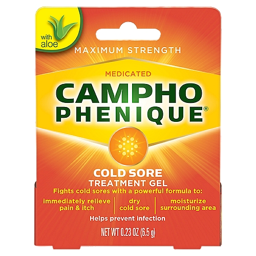 Campho Phenique Maximum Strength Medicated Cold Sore Treatment Gel, 0.23 oz
Fights cold sores with a powerful formula to: immediately relieve pain & itch, dry cold sore, moisturize surrounding area

Uses
■ for temporary relief of pain and itching associated with cold sores and fever blisters
■ first aid to help prevent infection

Active Ingredients - Purposes
Camphorated phenol (camphor 10.8% and phenol 4.7%) - Pain reliever/antiseptic