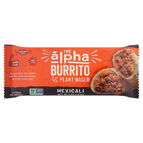 Alpha Plant-Based Mexicali Burrito, 5 oz
Meatless Beef-Style Crumble with Dairy-Free Spicy Cheddar and Onions in Taco Sauce

A New Frontier in Plant-Based
Alpha is on a mission to bring you unrivaled taste fueled by the power of plants. Alpha Burritos™ are a delicious meatless meal perfect for an easy on-the-go lunch, dinner or anytime snack, without any sacrifice on taste or texture. Go on, take a bite, you'll never guess you've gone plant-based!