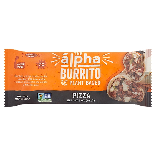 Alpha Plant-Based Pizza Burrito, 5 oz
Meatless Sausage-Style Crumble, with Dairy-Free Mozzarella, Peppers, Mushrooms and Onions in Tomato Sauce

A New Frontier in Plant-Based
Alpha is on a mission to bring you unrivaled taste fueled by the power of plants. Alpha Burritos™ are a delicious meatless meal perfect for an easy on-the-go lunch, dinner or anytime snack, without any sacrifice on taste or texture. Go on, take a bite, you'll never guess you've gone plant-based!