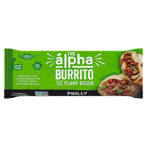Alpha Plant-Based Philly Burrito, 5 oz
Meatless Beef-Style Crumble with Dairy-Free Provolone, Peppers, Mushrooms and Onions

A New Frontier in Plant-Based
Alpha is on a mission to bring you unrivaled taste fueled by the power of plants. Alpha Burritos™ are a delicious meatless meal perfect for an easy on-the-go lunch, dinner or anytime snack, without any sacrifice on taste or texture. Go on, take a bite, you'll never guess you've gone plant-based!