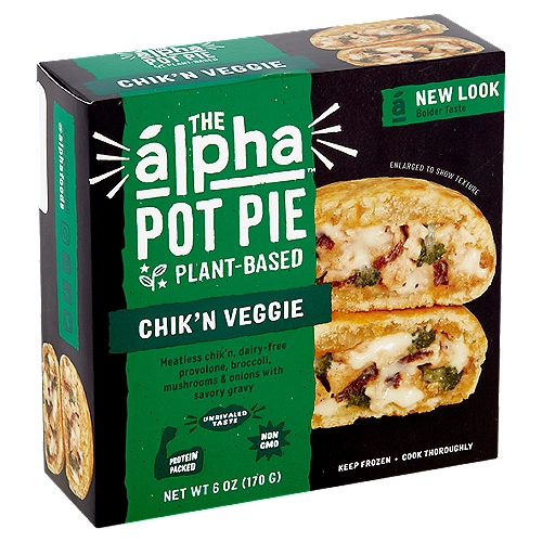 Alpha Plant-Based Chik'n Veggie Pot Pie, 6 oz
Meatless Chik'n, Dairy-Free Provolone, Broccoli Mushrooms & Onions with Savory Gravy

A New Frontier in Plant-Based
Alpha is on a mission to bring you unrivaled taste fueled by the power of plants. Alpha Pot Pies™ are a delicious meatless meal perfect for an easy on-the-go lunch, dinner or anytime snack, without any sacrifice on taste or texture. Go on, take a bite, you'll never guess you've gone plant-based!