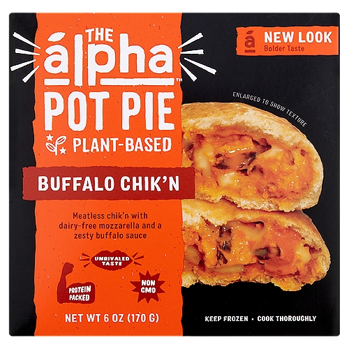 Alpha Plant-Based Buffalo Chik'n Pot Pie, 6 oz
Meatless Chik'n with Dairy-Free Mozzarella and a Zesty Buffalo Sauce

A New Frontier in Plant-Based
Alpha is on a mission to bring you unrivaled taste fueled by the power of plants. Alpha Pot Pies™ are a delicious meatless meal perfect for an easy on-the-go lunch, dinner or anytime snack, without any sacrifice on taste or texture. Go on, take a bite, you'll never guess you've gone plant-based!