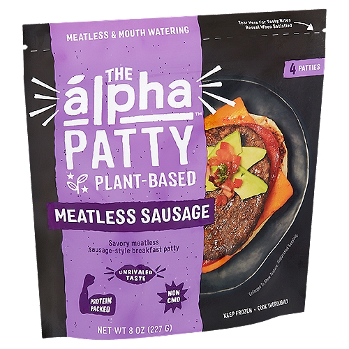 Alpha Plant-Based Meatless Sausage Patty, 4 count, 8 oz
Savory Meatless Sausage-Style Breakfast Patty

A New Frontier in Plant-Based
Alpha Foods is on a mission to bring you unrivaled taste fueled by the power of plants. The Alpha Meatless Sausage Patty is perfect for English muffins and bagels. Rev up your favorite breakfast (or any time-of-day) sandwich with our juicy and mouthwatering patties. Go on, take a bite, you'll never guess you've gone plant-based!