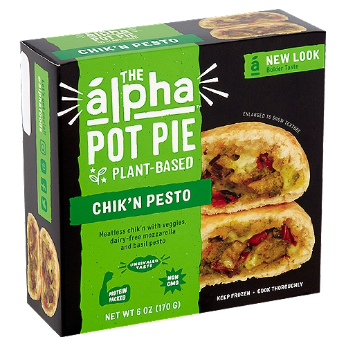 Alpha Plant-Based Chik'n Pesto Pot Pie, 6 oz
Meatless Chik'n with Veggies, Dairy-Free Mozzarella and Basil Pesto

A New Frontier in Plant-Based
Alpha is on a mission to bring you unrivaled taste fueled by the power of plants. Alpha Pot Pies™ are a delicious meatless meal perfect for an easy on-the-go lunch, dinner or anytime snack, without any sacrifice on taste or texture. Go on, take a bite, you'll never guess you've gone plant-based!