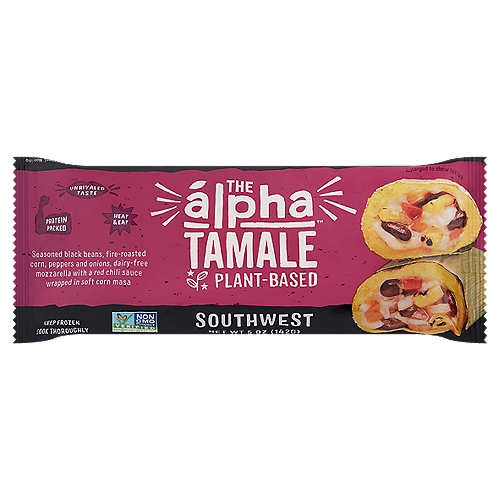Alpha Plant-Based Southwest Tamale, 5 oz
Seasoned Black Beans, Fire-Roasted Corn, Peppers and Onions, Dairy-Free Mozzarella with a Red Chili Sauce Wrapped in Soft Corn Masa

A New Frontier in Plant-Based
Alpha is on a mission to bring you unrivaled taste fueled by the power of plants. Our newest innovation, the Alpha Tamale, was inspired by the festive Mexican dish. Each tamale is handmade and available in traditional flavors with a twist: our version is handheld and can be enjoyed on-the-go. We are committed to pioneering convenient plant-based options for everyone no matter what the occasion.