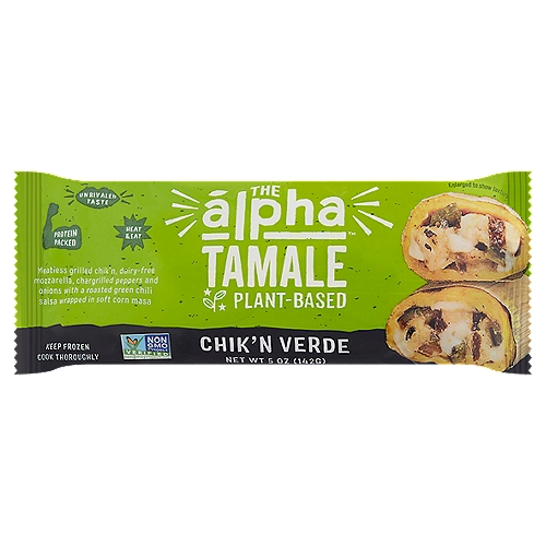 Alpha Plant-Based Chik'n Verde Tamale, 5 oz
Meatless Grilled Chik'n, Dairy-Free Mozzarella, Chargrilled Peppers and Onions with a Roasted Green Chili Salsa Wrapped in Soft Corn Masa

A New Frontier in Plant-Based
Alpha is on a mission to bring you unrivaled taste fueled by the power of plants. Our newest innovation, the Alpha Tamale, was inspired by the festive Mexican dish. Each tamale is handmade and available in traditional flavors with a twist: our version is handheld and can be enjoyed on-the-go. We are committed to pioneering convenient plant-based options for everyone no matter what the occasion.