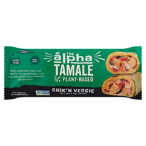 Alpha Plant-Based Chik'n Veggie Tamale, 5 oz
Meatless Grilled Chik'n, Dairy-Free Mozzarella, Fire-Roasted Peppers and Onions with Red Chili Sauce Wrapped in Soft Corn Masa

A New Frontier in Plant-Based
Alpha is on a mission to bring you unrivaled taste fueled by the power of plants. Our newest innovation, the Alpha Tamale, was inspired by the festive Mexican dish. Each tamale is handmade and available in traditional flavors with a twist: our version is handheld and can be enjoyed on-the-go. We are committed to pioneering convenient plant-based options for everyone no matter what the occasion.