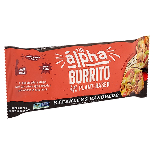 Alpha Steakless Ranchero Burrito, 5 oz
Meatless Beef-Style Chunks with Dairy-Free Spicy Cheddar and Onions in Taco Sauce

A New Frontier in Plant-Based
Eat like an álpha
Alpha Foods is on a mission to bring everyone together with super-delicious food, fueled by the power of plants. Alpha Burritos™ are a delicious meatless meal perfect for an easy on-the-go lunch, dinner or anytime snack - without any sacrifice on taste or texture. Go on, take a bite, you'll never guess you've gone plant-based!