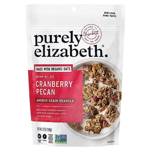 Purely Elizabeth Cranberry Pecan Ancient Grain Granola, 12 oz
Gluten-free just got an upgrade.
Sweet cranberries + roasted pecans combine with ancient grains for a purely crunchy, salty, sweet taste. Who says healthy food can't be insanely delicious?

We're All About Ingredients. Meet Ours:
Millet - rich in b vitamins, which help support metabolism + enhance energy levels.
Chia seeds - superfood seeds providing an excellent source of omega-3 fatty acids.
Coconut oil - has antiviral and antimicrobial properties + contains medium-chain fatty acids that get used as energy rather than stored as fat.
Coconut sugar - an unrefined, low-glycemic + nutrient-rich sweetener.