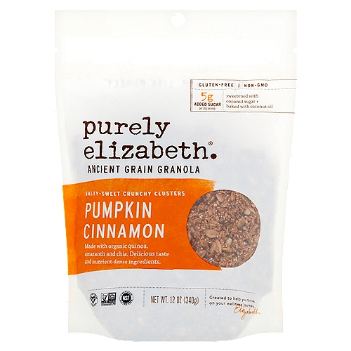 Purely Elizabeth Recipe No. 03 Pumpkin Cinnamon Ancient Grain Granola, 12 oz
Full of the Good Stuff
We select each ingredient for its taste, texture and nutrition to create products you will obsess over! Our Ancient Grain Granola blend is made with organic oats, chia and sustainably sourced coconut sugar.