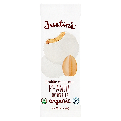 Justin's Organic White Chocolate Peanut Butter Cups, 2 count, 1.4 oz
Are you white chocolate curious? Do you outwardly claim to be against it, but secretly wish you could try it again - like that one time in college? Well, now's your chance. I've combined my rich and creamy organic peanut butter with delicious Rainforest Alliance Certified cocoa* to create a treat even the most staunch chocolate conservative will love.
*Rainforest Alliance Certified™