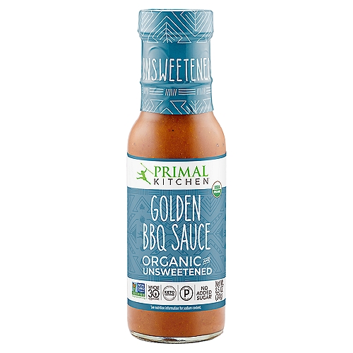 Primal Kitchen Organic and Unsweetened Golden BBQ Sauce, 8.5 oz
No Added Sugar†
† See Nutrition Information for Sodium Content.