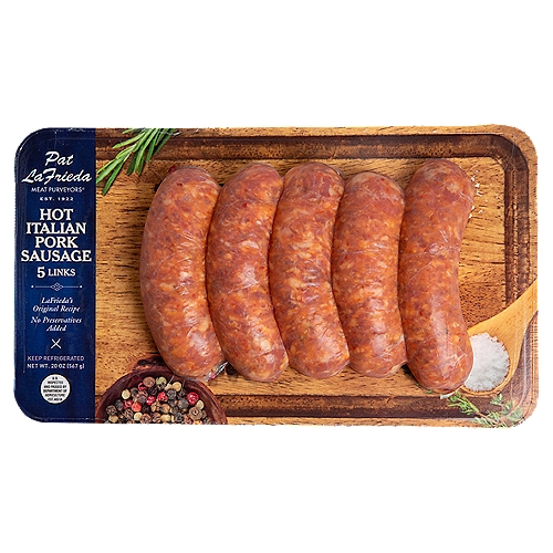 Pat Lafrieda Hot Italian Pork Sausage, 5 count, 20 oz
Grandpa's Italian Sausage
Our sausage is delicious and juicy with that crunch you can only get with real pork casing. The sausage is made from the pork butt (shoulder) of well-fatted hogs that makes the addition of more fat unnecessary. We add both ground fennel and whole fennel to give the sausage that classic Italian flavor. Grandpa was the sausage maker in the family. We still use all of his original recipes, made with the finest quality meat in the country.