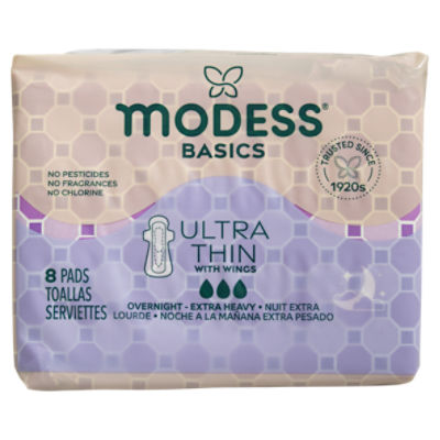 Modess Basics Ultra Thin with Wings Overnight - Extra Heavy Pads, 8 count