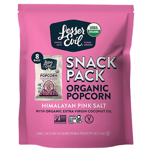 Lesser Evil Himalayan Pink Salt Organic Popcorn Snack Pack, 0.46 oz, 8 count
100% Air Popped
We air pop the most tender organic butterfly popcorn, making it noticeably lighter and fluffier than other pre-packaged popcorn.
Our popcorn is tumbled in the best oils and sprinkled with Himalayan pink salt - the purest form of salt available.