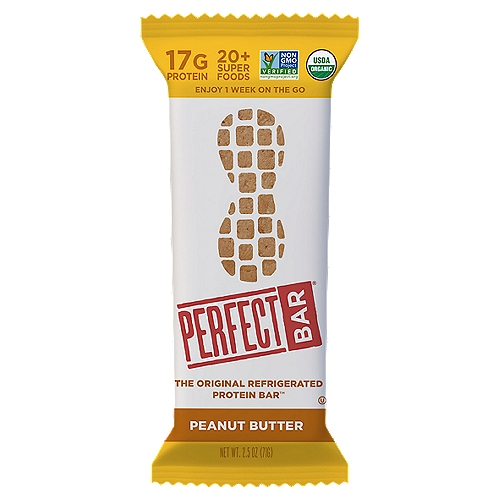 Perfect Bar Original Refrigerated Protein Bar, Peanut Butter, 2.5 Ounce Bar
PEANUT BUTTER PROTEIN BAR: Made with ground nut butters & organic honey, Perfect Bar is a delicious blend of creamy and crunchy with a cookie-dough-like texture. Nutritious, delicious & truly tasty!
SUPERFOOD: Superfoods like fruits, vegetables, seeds & oils are found in every bar to provide a convenient source of vitamins & minerals. Plus, we use whole food protein & never rely on whey or soy.
THE INSIDE MATTERS: Featuring clean ingredients, whole food nutrition & a low glycemic index, these gluten-free snack bars help keep you fuller, longer. Organic, non-GMO & kosher.
STORED IN THE FRIDGE, PERFECT ON THE GO: Perfect Bar is kept refrigerated for optimal texture & tastiness, but stays good for one week out of the fridge. This snack is a great way to increase your protein intake on the go.
PERFECT SNACKS: Our nutritious bars are great for an active lifestyle. Enjoy the full line of Perfect Snacks including Perfect Bar, Perfect Peanut Butter Cups, Perfect Bites & Perfect Kids.