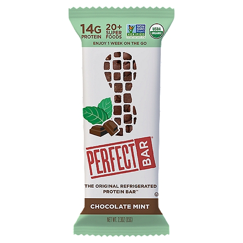 Perfect Bar Chocolate Mint Protein Bar, 2.3 oz
CHOCOLATE MINT PROTEIN BAR: Made with ground nut butters, mint, organic honey & Fair Trade dark chocolate, Perfect Bar is a delicious blend of creamy and crunchy with a cookie-dough-like texture. Nutritious, delicious & truly tasty!
SUPERFOOD: Superfoods like fruits, vegetables, seeds & oils are found in every bar to provide a convenient source of vitamins & minerals. Plus, we use whole food protein & never rely on whey or soy.
THE INSIDE MATTERS: Featuring clean ingredients, whole food nutrition & a low glycemic index, these gluten-free snack bars help keep you fuller, longer. Organic, non-GMO & kosher.
STORED IN THE FRIDGE, PERFECT ON THE GO: Perfect Bar is kept refrigerated for optimal texture & tastiness, but stays good for one week out of the fridge. This snack is a great way to increase your protein intake on the go.
PERFECT SNACKS: Our nutritious bars are great for an active lifestyle. Enjoy the full line of Perfect Snacks including Perfect Bar, Perfect Bar Snack Size & Perfect Peanut Butter Cups