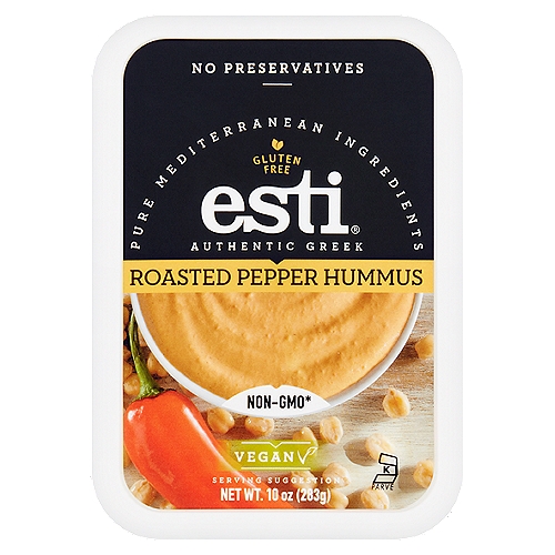 Esti Authentic Greek Roasted Pepper Hummus, 10 oz
Non-GMO*
*This product was made without genetically engineered ingredients. However, trace amounts of genetically engineered material may be present.