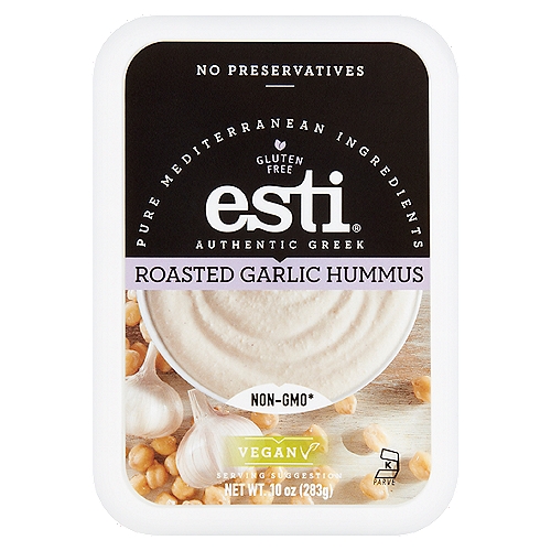 Esti Authentic Greek Roasted Garlic Hummus, 10 oz
Non-GMO*
*This product was made without genetically engineered ingredients. However, trace amounts of genetically engineered material may be present.