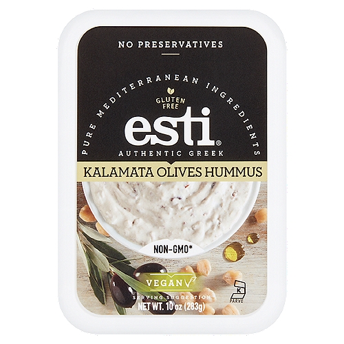 Esti Authentic Greek Kalamata Olives Hummus, 10 oz
Non-GMO*
*This product was made without genetically engineered ingredients. However, trace amounts of genetically engineered material may be present.