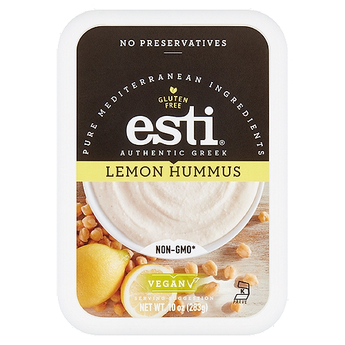 Esti Authentic Greek Lemon Hummus, 10 oz
Non-GMO*
*This product was made without genetically engineered ingredients. However, trace amounts of genetically engineered material may be present.