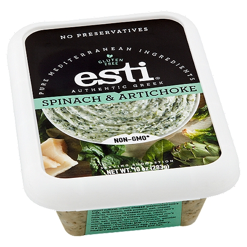 Esti Authentic Greek Spinach & Artichoke Dip, 10 oz
Non-GMO*
*This product was made without genetically engineered ingredients. However, trace amounts of genetically engineered material may be present.