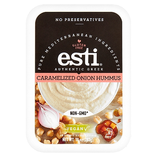 Esti Authentic Greek Caramelized Onion Hummus, 10 oz
Non-GMO*
*This product was made without genetically engineered ingredients. However, trace amounts of genetically engineered material may be present.