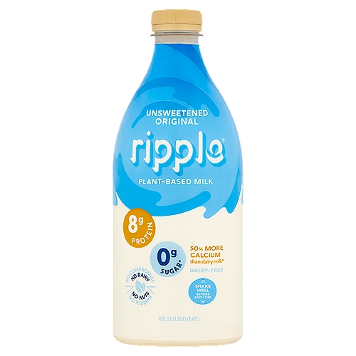 Ripple Unsweetened Original Plant-Based Milk, 48 fl oz
Available in 5 Delicious Flavors:
Original, Unsweetened Original,
Vanilla, Unsweetened Vanilla, and
Chocolate
8g of Plant-Based Protein
Smooth & Delicious
Lower in Sugar than Dairy Milk
50% More Calcium than Dairy Milk
Soy Free
Nut Free
100% Vegan
Gluten-Free
Lactose Free
Dairy-Free