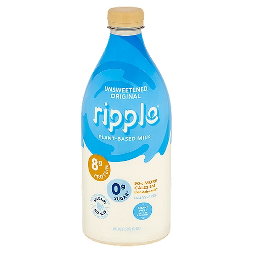 Ripple Unsweetened Original Plant-Based Milk, 48 fl oz
0g Sugar*
50% More Calcium than dairy milk*
*Not a low-calorie food. 1 cup of dairy milk contains 293mg (20%DV) of calcium vs 1 cup Ripple Unsweetened Original Milk contains 440mg (30%DV) of calcium. Dairy milk data from USDA National Nutrient Database for Standard Reference, Legacy. April 2018.

Drink Your Pea... Your Body and the Planet Will Thank You
Never heard of the humble yellow pea? Yep, it's an unsung hero. It is one of the more sustainable, protein-dense plants on earth. And it takes 6x less water to grow than almonds for almond milk! So thanks for making a small (but awesome) choice that helps create - you guessed it - a Ripple® effect.

Ripple® is made with
100% vegan pea protein

Ripple® is made without
Soy, Nuts, Gluten, Lactose
