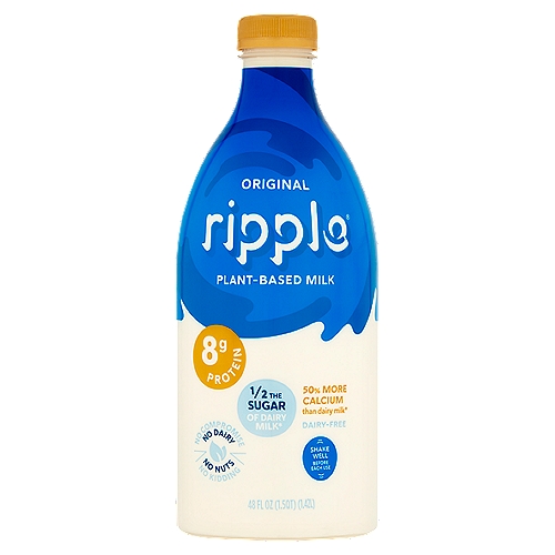 ripple Original Plant-Based Milk, 48 fl oz
1/2 the Sugar of Dairy Milk*

50% More Calcium than dairy milk*
*1 cup dairy milk contains 12g of naturally occurring sugar & 293mg (20%DV) of calcium vs 1 cup Ripple Original Milk contains 6g added sugar & 440mg (30%DV) of calcium. Dairy milk data from USDA National Database of Standard Reference, Legacy. April 2018.

Drink Your Pea...Your Body and the Planet Will Thank You
Never heard of the humble yellow pea? Yep, it's an unsung hero. It is one of the more sustainable, protein-dense plants on Earth. And it takes 6x less water to grow than almonds for almond milk! So thanks for making a small (but awesome) choice that helps create - you guessed it - a Ripple® effect.