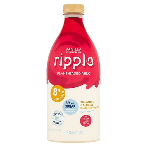 ripple Vanilla Plant-Based Milk, 48 fl oz
1/2 the Sugar of Flavored Dairy Milk*
50% More Calcium than flavored dairy milk*
*1 cup dairy flavored milk contains 24g of sugar (12g of naturally occurring sugar) & 285mg (20%DV) of calcium vs 1 cup Ripple Vanilla Milk contains 12g added sugar & 440mg (30%DV) of calcium. Dairy milk data from USDA National Nutrient Database for Standard Reference, Legacy. April 2018.

Drink Your Pea...Your Body and the Planet Will Thank You
Never heard of the humble yellow pea? Yep, it's an unsung hero. It is one of the more sustainable, protein-dense plants on Earth. And it takes 6x less water to grow than almonds for almond milk! So thanks for making a small (but awesome) choice that helps create - you guessed it - a Ripple® effect.