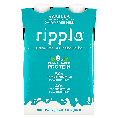 Ripple Vanilla Dairy-Free Milk, 8 fl oz, 4 count
50% More Calcium than Flavored Milk*
40% Less Sugar than Flavored Milk*
*1 cup of reduced fat flavored milk contains 25g of sugar & 293mg of calcium vs. 1 cup of Ripple Vanilla Milk contains 15g of sugar & 440mg of calcium. Flavored milk data from USDA National Nutrient Database for Standard Reference, Legacy. April 2018.