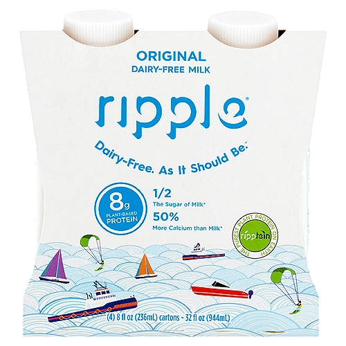 Ripple Original Dairy-Free Milk, 8 fl oz, 4 count
1/2 the sugar of milk*
50% more calcium than milk*

Ripptein.® The Purest Plant Protein on Earth.®
Kids need protein to thrive! What they don't need is tons of sugar. Ripple uses a patented method to harvest ultra-clean protein from peas, so that we can make a rich, creamy, delicious non-dairy milk without so much sugar. The result is a plant-based milk your kids will love that is a good source of protein, lower in sugar*, with calcium and vitamin D.
It's: Dairy-free. As It Should Be.™
*1 cup of 2% milk contains 12g of sugar & 293mg of calcium vs. 1 cup Ripple original milk contains 6g sugar & 450mg of calcium. Milk data from USDA National Nutritional Nutrient Database for Standard Reference, Legacy. (April 2018).
