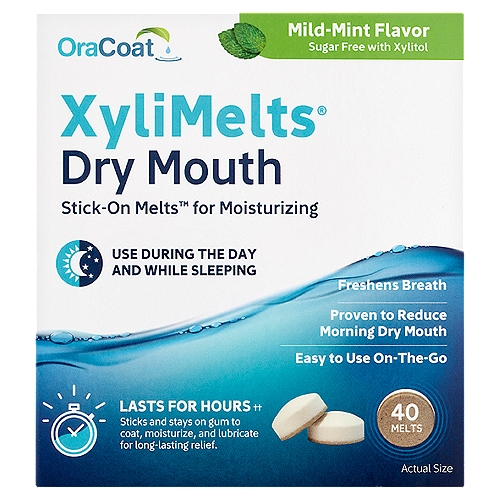 OraCoat XyliMelts Dry Mouth Mild-Mint Flavor Melts, 40 count
Stick-On Melts™ for moisturizing

Lasts for Hours††
Sticks and stays on gum to coat, moisturize, and lubricate for long-lasting relief.
††Xylimelts last 1-4 hours during the day and 4-8 hours while sleeping.

All Natural*
*All ingredients in XyliMelts exist in nature. No synthetic, artificial, coloring, or preservative ingredients are included. Xylitol is in many plants and animals. The xylitol in XyliMelts is made by conversion of wood sugar (xylose).

Allergen free**
**These statements have not been evaluated by the Food and Drug Administration. This product is not intended to diagnose, treat, cure, or prevent any disease.

Contains No: animal products, corn protein, color, dyes, artificial flavors, or preservatives and no products of nuts, wheat, rice, gluten, soy, egg, fish, shellfish, milk or yeast.
