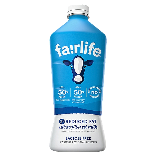 Fairlife 2% Reduced Fat Ultra-Filtered Milk, 52 fl oz
43% less fat than whole ultra-filtered milk*
*4.5g vs. 8g fat per serving

No artificial growth hormones†
†FDA states: no significant difference has been shown between milk from cows treated and not treated with rBST growth hormones.

Soft filters concentrate our milk's goodness, like protein & calcium while filtering out half of the natural sugars.
From farm to bottle, our system allows us to trace our milk back to the farms from which it came. We strive to deliver quality every step of the way.
Sip, drink & chug ultra-filtered milk enjoy!

Per Serving
Fairlife® 2%: Protein: 13g; Sugar: 6g; Calcium: 380mg; Lactose: No
Regular Milk: Protein: 8g; Sugar: 12g; Calcium 276mg; Lactose: Yes
Almond Milk**: Protein: 1g; Sugar: 7g; Calcium: 451mg; Lactose: No
**Compared to the leading brand of almond milk