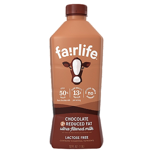 Our rich and creamy fairlife Chocolate Ultra-Filtered Milk has 50% less sugar and 50% more protein than regular chocolate milk. Plus, there's no artificial growth hormones used and it's lactose free.

All our milk flows through soft filters to concentrate its goodness like protein and calcium while filtering out some of the natural sugars. The result is our rich and creamy ultra-filtered milk. 

So, sip, drink and chug as you enjoy our delicious ultra-filtered milk.