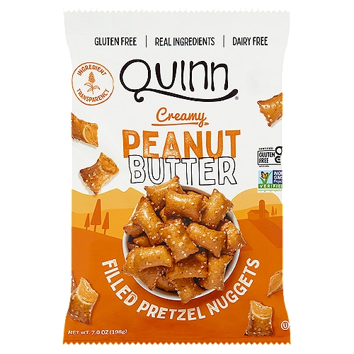 Quinn Creamy Peanut Butter Filled Pretzel Nuggets, 7 oz 
Real Ingredients Taste Better
Pretzels made from root vegetables and sorghum, filled with creamy peanut butter, and topped with sea salt.