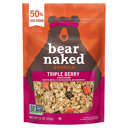 A delicious blend of whole grain oats and a medley of raspberries, strawberries, and blueberries
Bear Naked Triple Berry Fit Granola is a tasty way to start your day; 50% less sugar than our leading granola (per serving: this granola has 6g sugar, the leading Bear Naked granola has 13g sugar)
With 46 grams of whole grains per 60 gram serving; Non-GMO Project Verified and Kosher Pareve
One berry at a time? Sure. Maybe two. But it wasn't until the bears that we discovered the joy of eating three berries at the same time. Enter Triple Berry Granola, featuring real raspberries, strawberries and blueberries in a Non-GMO Project Verified granola that is sure to change your whole perspective.