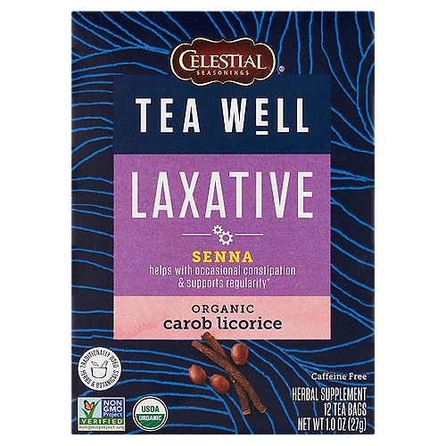 Celestial Seasonings TeaWell Laxative Organic Carob Licorice Herbal Supplement, 12 count, 1.0 oz
Senna helps with occasional constipation & supports regularity*

This blend of ingredients, including Senna leaves, helps to ease occasional constipation and support regularity.*

Senna & Psyllium
Organic Senna and psyllium leaves help support regularity and ease occasional constipation.*

Chicory
Chicory root provides inulin which is known as a prebiotic fiber to support gut health.*

Ginger & Fennel
Ginger and fennel are traditionally known to support digestive wellness.*

Carob Licorice
Roasty carob and sweet licorice combine to create a balanced blend.
*These statements have not been evaluated by the Food & Drug Administration. This product is not intended to diagnose, treat, cure or prevent any disease.